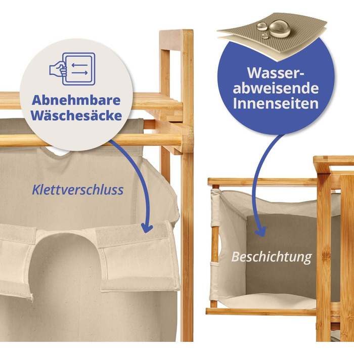 Кошик для білизни Lumaland з бамбука з 2 висувними мішками для білизни | Легкий у догляді, стійкий до вологи, легко очищується | Висота 73 см x 64 см (ширина) x 33 см (глибина) [Бежевий] 2 відділення для білизни, 2 мішки для білизни | Бежевий