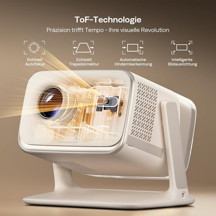 Aurzen Boom Mini 4-в-1 Smart Beamer з Google TV, 4K, проєктор для дому та на вулицю, 20W Dolby Audio, 500 ANSI, ToF автофокус, корекція трапеції, Wi-Fi/Bluetooth, підтримка смартфонів (кремовий)