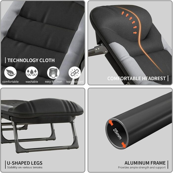 Розкладне кемпінгове ліжко-шезлонг XXL чорне, посилене польове ліжко з регульованою спинкою для відпочинку, рибалки та саду