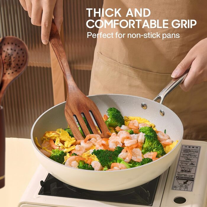 Набір кухонного приладдя Spardar з дерева, 12 шт: ложки, шумовки, підставка, рукавиці. Колір: помаранчевий, коричневий