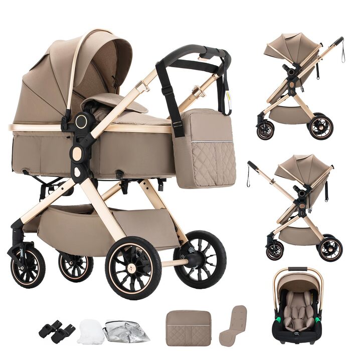 Дитячий візок 3 в 1 Kinderwagen Alltags – універсальний, складаний, з люлькою та прогулянковим блоком, алюмінієва рама (коричневий)