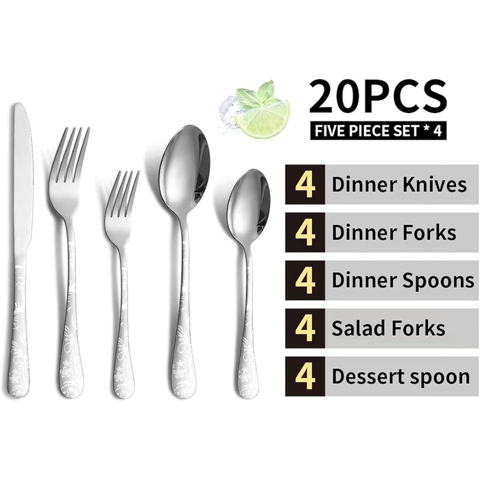 Набір столових приборів на 4 особи (20 предметів) з нержавіючої сталі, ніж, виделка, ложка, сріблястий, придатний для миття в посудомийній машині