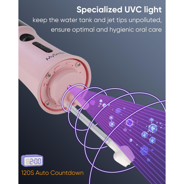 Портативна ірригатор MySmile LP221 UVC з бездротовим живленням, 335 мл, OLED-дисплей, 4 режими, 8 насадок, сумка для дому та подорожей (Соковитий Рожевий)