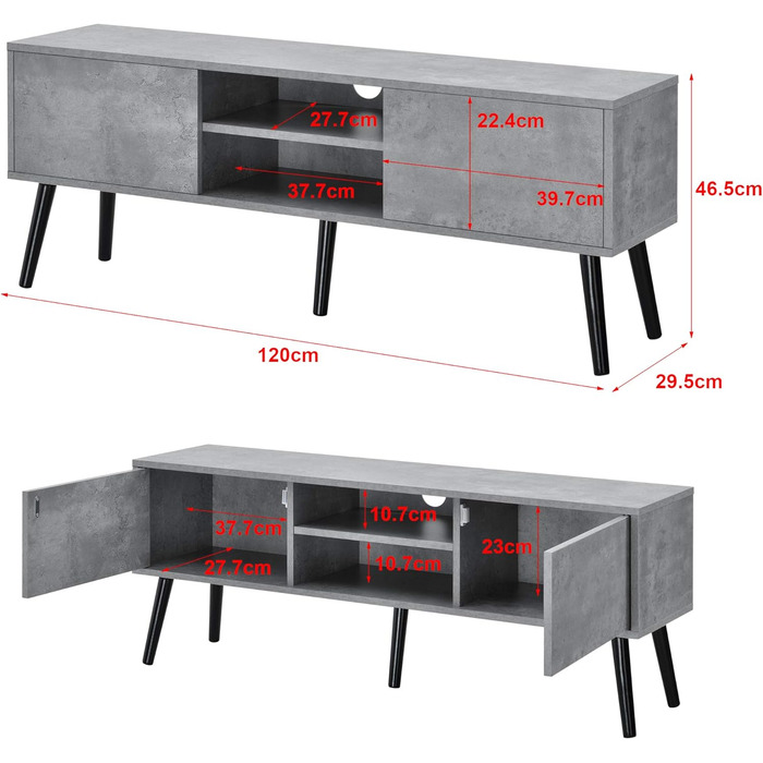 Тумба під телевізор Eskilstuna з дверцятами шафи та відсіками для зберігання Тумба під телевізор Сервант під телевізор для спальні, вітальні 120 x 29,5 x 46,5 см (бетонний вигляд)