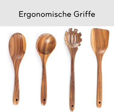 Набір кухонних помічників з дерева (9 шт.): щипці для гриля, вінчик, лопатка, ложка, шумовка. Матеріал: теак.