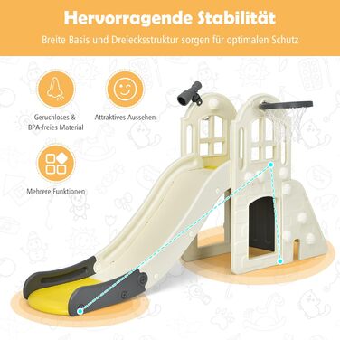 Дитячий ігровий комплекс COSTWAY 6-в-1: гірка, драбинка, баскетбольне кільце, кільця для кидання, тунель, телескоп. Для дітей від 3 років, жовтий.