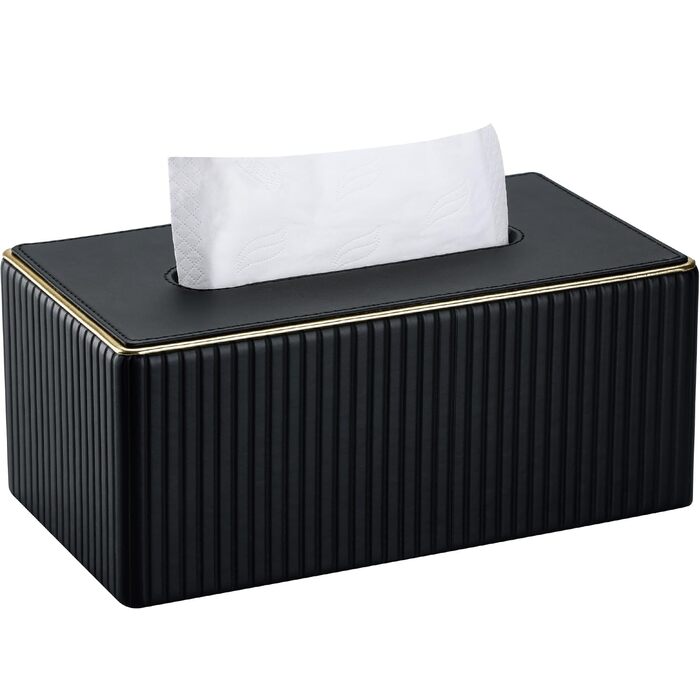 KINGFOM Склянка для серветок з золотим оздобленням, шкіра PU, чорна, прямокутна | Склянка для серветок у вітальню, ванну кімнату, офіс