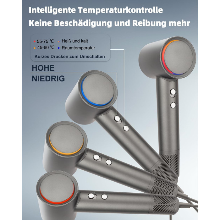 Професійний високошвидкісний фен для волосся 130 000 об/хв з іонізацією (500 млн негативних іонів), 4 температурних режимах та 2 швидкостях, для дому та подорожей