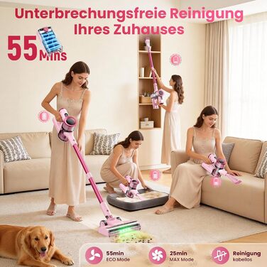 Акумуляторний пилосос Dzaki 50000 Па з дисплеєм, підставкою, довгою роботою та щіткою проти заплутування для килимів, твердих підлог, шерсті тварин, авто - помаранчево-рожевий