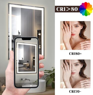 Дзеркало для ванної кімнати Mursche з підсвічуванням LED, 50x70 см, IP44, сенсорний вимикач, годинник, протитуманна функція, регулювання яскравості, 3000K-6500K, прямокутна форма