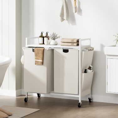 WOWLIVE Подвійний кошик для білизни з кришкою, на колесах, з металу, сортувальник білизни з верхньою полицею та 2 знімними мішками, велике зберігання одягу для кімнати (110л, білий/оптичний сад)