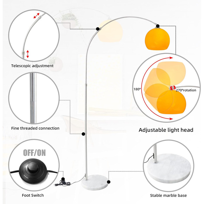 Дуговий світильник CCLIFE LED E27 регулюється по висоті, мармурова основа, білий/помаранчевий, 145-220 см