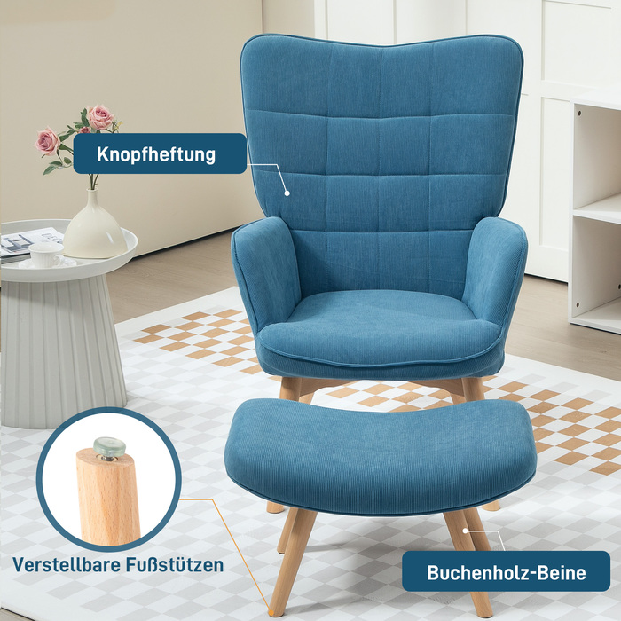 Крісло HOMCOM з табуретом, крісло-крило з високою спинкою, дерев'яні ніжки, крісло для відпочинку з тафтинговим дизайном, вельветовий ефект, для вітальні, синій | Аосом