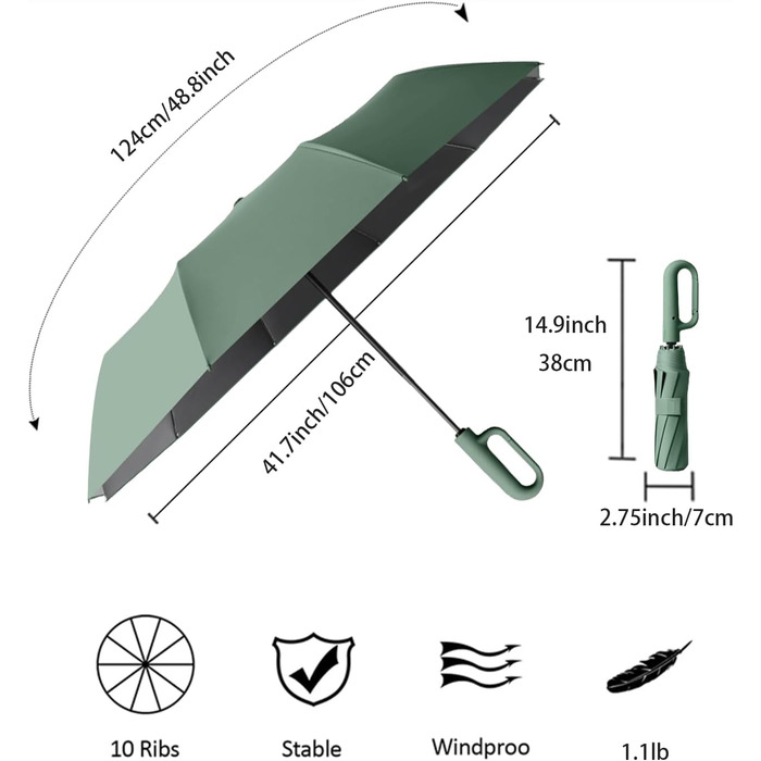 Парасолька велика, 10 ребер, штормонепроникна, автоматична, захист від ультрафіолету, складна, ручка карабіна, 106см, зелена