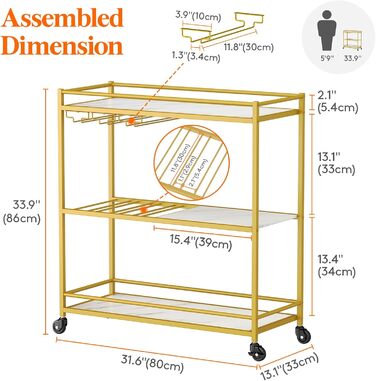 Барний візок Lifewit 3 яруси на колесах, на 12 келихів і 4 вина, 80.2x33.2x86 см, золото, для їдальні