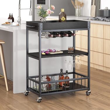 Сервізний візок Huhote з полицею для вина, барний візок, візок для напоїв, візок на колесах, візок для вина в їдальню, кухню, вітальню, бар, на вечірку, з імітацією текстури дерева (чорний, безіржавний кошик)