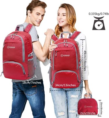 Легкий складной рюкзак ZOMAKE - упаковваеме рюкзаки об'ємом 30 л, невеликі складні рюкзаки, похідний рюкзак, сумка для жінок і чоловіків, походи на відкритому повітрі (червоний)