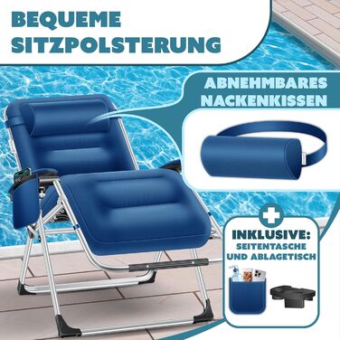 Шезлонг KESSER® для саду, широке крісло, водостійкий, вантажопідйомність 200 кг, ергономічна подушка, регульована спинка, підголовник, тримач для напоїв, підлокітники та бічна кишеня (без сонцезахисного даху), колір: темно-синій