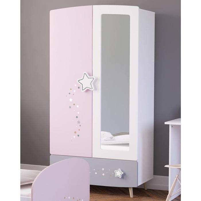 Дитяча шафа Möbelando Prinzessin з дзеркалом та зірками, 2 дверцята, 1 ящик, 2 перекладини, масивні ніжки - 89x185x50 см (Ш/В/Г), Рожево-біло-сірий