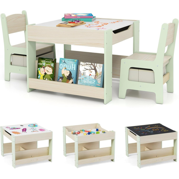 Дитячий стіл LIFEZEAL 3-в-1 з 2 стільцями: стіл для малювання, активностей та обіду. Дерев'яна дитяча група з місцем для зберігання (зелений)