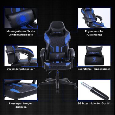 Ігрове крісло Dowinx, гоночне ігрове крісло з пружинною подушкою, ергономічне ігрове крісло з масажною поперековою опорою, офісне крісло зі штучної шкіри з розширеною спинкою 150 кг (Чорний) (Чорний, синій)