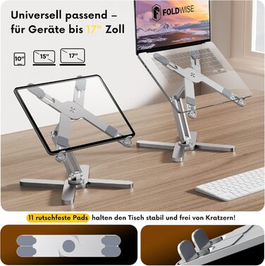 Підставка для ноутбука FoldWise X – алюміній, 360° обертання, регульована висота та кут нахилу – стабільна та портативна підставка для MacBook та комп'ютерів 11-18 дюймів (срібна)