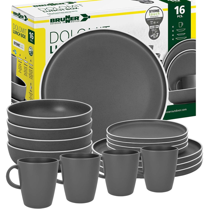Набір посуду BRUNNER Melamin Camping | 12 предметів - тарілки та миски для 2-4 особи | DOLOMIT Midday - Складається, стійкий до подряпин (ланч-бокс 16 предметів)