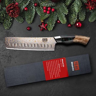 Набір кухонних ножів SHAN ZU Venus: професійний кухонний ніж з дамаської сталі (33 шари) та мідною ручкою, 20 см. (18 см Nakiri)