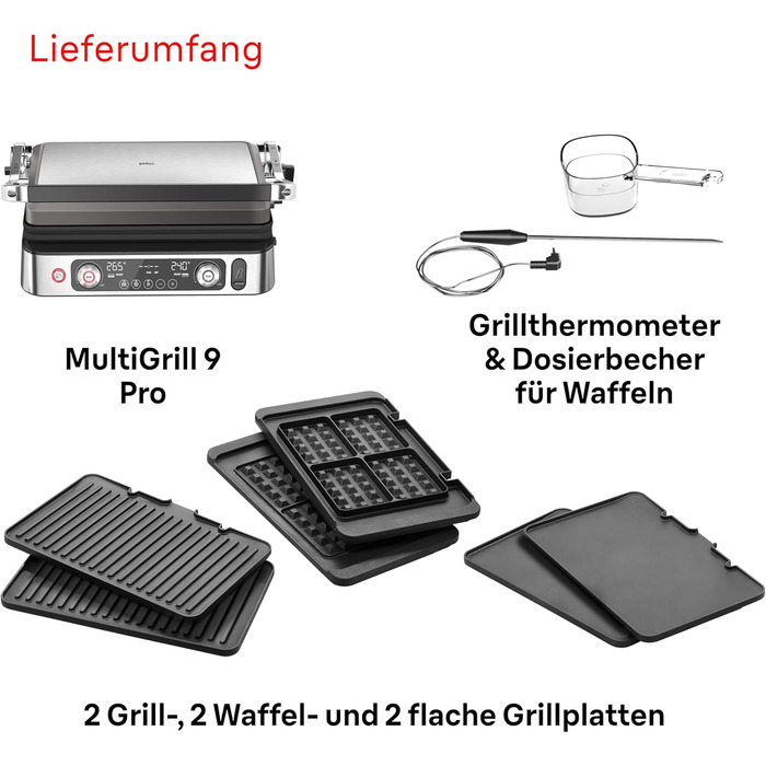 Контактний гриль Braun MultiGrill 9 Pro CG 9167 з 6 наборами панелей (гриль, плоскі, вафельні), термодатчиком та функцією Boost