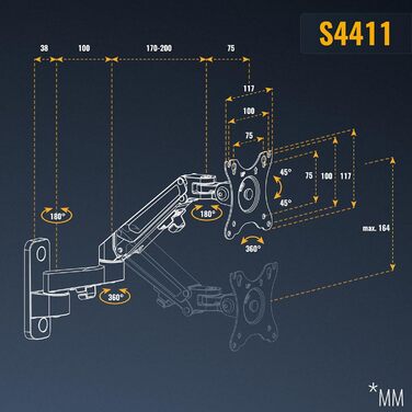 Кріплення для монітора RICOO S4911: регульований, поворотний, на газовій пружині, 17-32 дюймів, VESA 75/100