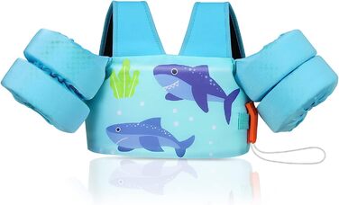 Дитячі плавальні крила MoKo, мультяшний рятувальний жилет з плечовим ременем, тренувальна куртка для плавання, плавальний купальник, аксесуари для плавання з подвійною пряжкою для хлопчиків і дівчаток, для дітей вагою 30-70 фунтів, синій і акулячий (B)