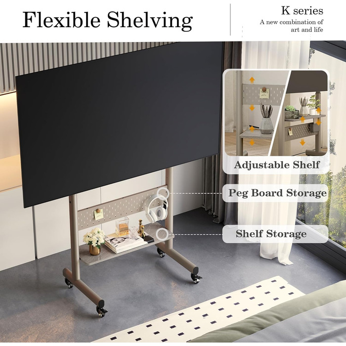 Підставка для телевізора FITUEYES на колесах, регульована по висоті, для 40-85 дюймів, VESA 600x400, 60 кг, бежева