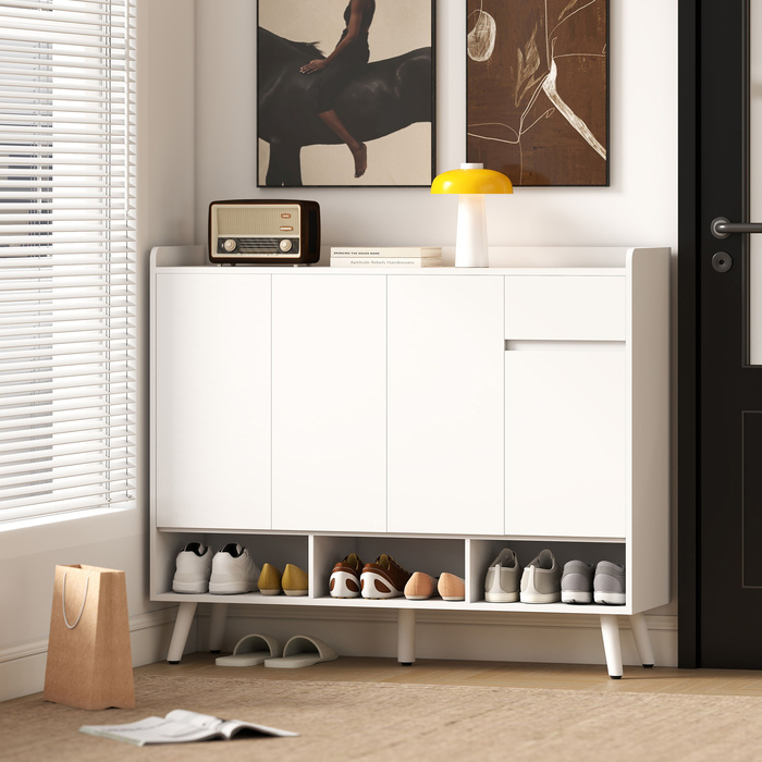 Шафа для взуття HOMCOM з безручковим дизайном, 4 дверцятами, 4 регульованими полицями, окремо стояча полиця для взуття на 5 дерев'яних ніжках, дерево, білий