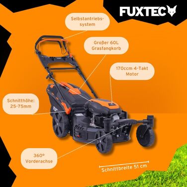Бензиновий газонокосарка FUXTEC 4в1 FX-RM5196 з Edge-Cut, ширина косіння 51 см, 170 ccm, з приводом на задні колеса, 60л травозбірник