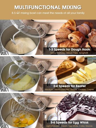 Кухонна машина-міксер Facelle 2000W з чашею 8,5L (6+ швидкостей) для випічки, тіста, міксування, з набором насадок (снігобій, гак для тіста, вінчик) та захистом від бризок, колір Champagne