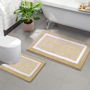 М'який килимок для ванної кімнати Pauwer Set 3 шт., мікрофібра, вбираючий, з антиковзаючим покриттям, комплект килимків для ванної, туалетного килимка та килимка перед ванною (Бежевий, 50x80+50x60 см)