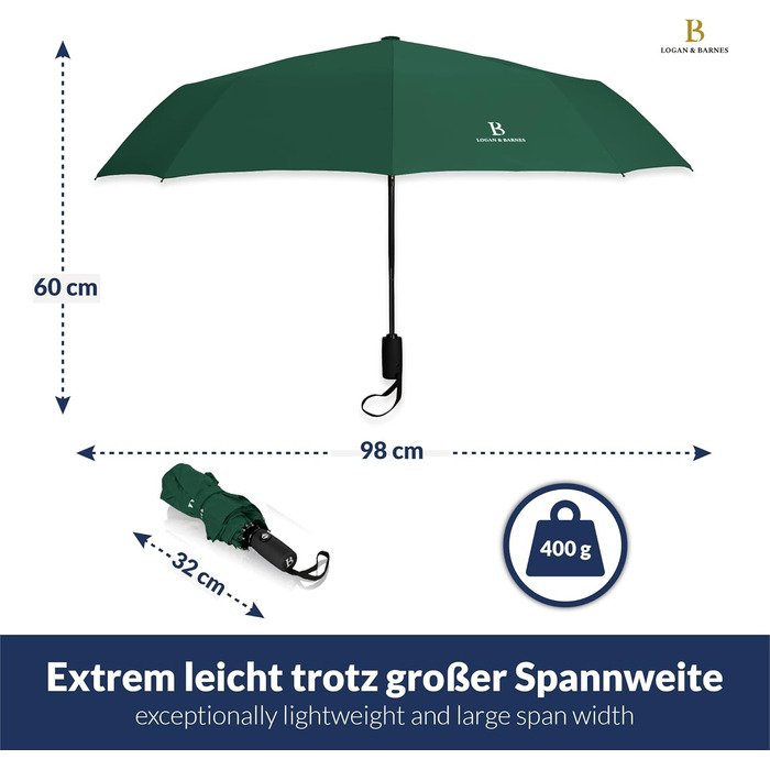 Штормозахисна складна парасолька LOGAN & BARNES до 140 км/год, з тефлоновим покриттям, модель Boston темно-зелена