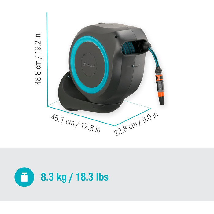 Шланг садовий Gardena RollUp M (бірюзовий) 20м: гнучкий, з поворотним барабаном, з кріпленням для стіни, з розпилювачем та 20м шлангу