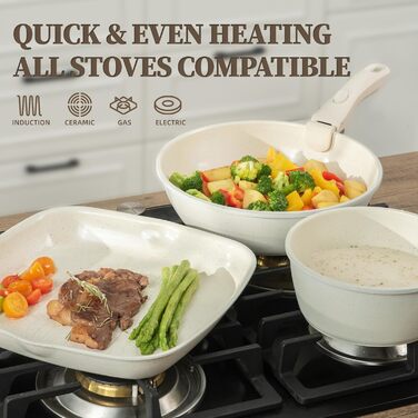 Набір каструль та сковорідок з керамічним покриттям 23 частини. Антипригарне покриття, знімні ручки, підходить для всіх плит, духовка, без PFAS, PTFE, PFOA. Кремово-білий колір.