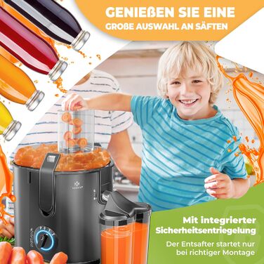 KESSER® Електрична центрифужна соковитискачка для фруктів та овочів з нержавіючої сталі, 1100W, велика завантажувальна воронка, 3 швидкості, сірий/сріблястий (чорний)