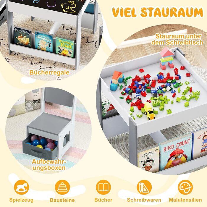 Дитячий стіл COSTWAY з 2 стільцями: дерев'яний набір 4-в-1 з полицями та ящиками для зберігання (від 3 років)