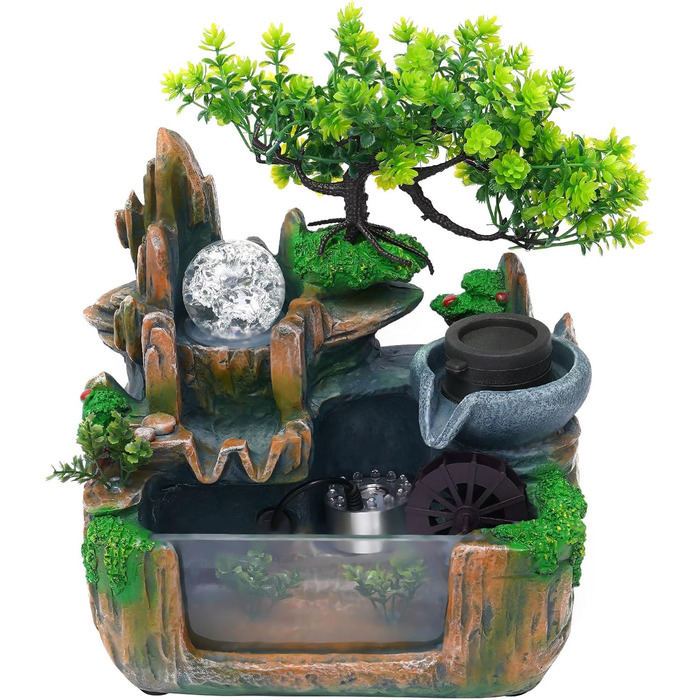 Фонтан HarBin-Star для дому та саду з LED-підсвіткою, водоспад, туман, кришталева куля, зелена рослина, десктопний фонтан, 34 x 24 x 34 см