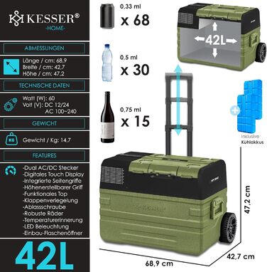 Автомобільний компресорний холодильник KESSER 42L з Wi-Fi, 12/24/230V, до -20°C, колеса, телескопічна ручка, хакі + 2 акумулятори холоду
