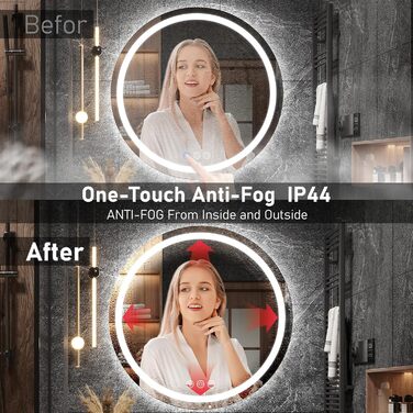 Дзеркало для ванної кімнати з підсвічуванням, 60 см, кругле, з антизапарюючим покриттям, диммер, 3 кольори світла, 60x60 см