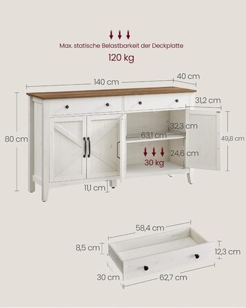 Шафа VASAGLE для кухні, комод з шухлядами, шафа для зберігання з дверцятами, регульована полиця, стиль кантрі, для вітальні, кухні, їдальні, 40 x 140 x 80 см, вінтажний білий + медовий колір BBK381W02