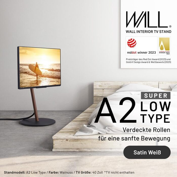 Тумба-телевізор WALL A2 Low Type: регульована, мобільна, для телевізорів 24-55 дюймів, сатиновий білий колір