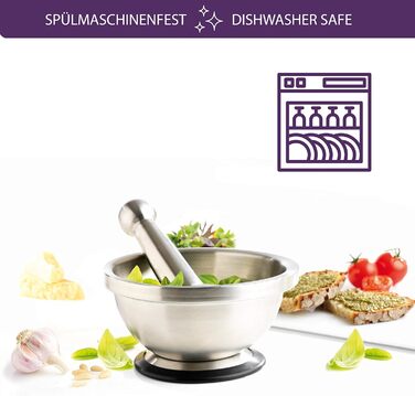 Мастрад - ступка та товкачок з нержавіючої сталі, стійкий до запахів, з антиковзним дном, придатний для миття в посудомийній машині