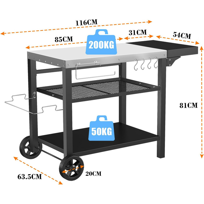Нержавіюча сталева візок для гриля Denmay з 3 ярусами, піч для піци, робочий стіл для гриля, візок для обслуговування на відкритому повітрі