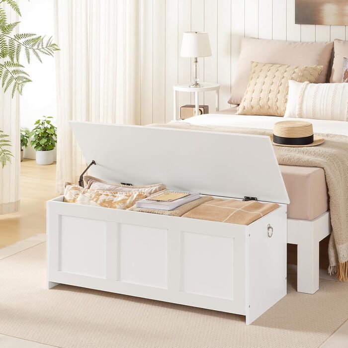 HOOBRO Лавка з ящиком для іграшок, 100 см, білий та натуральний колір дерева, з безпечним шарніром, для дому