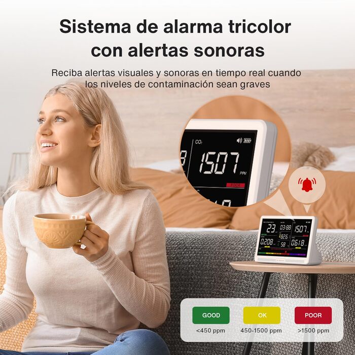 Вимірювач якості повітря Bonoch 16 в 1: Моніторинг CO2, TVOC, PM2.5, PM1.0, PM10, HCHO, Температура, Вологість, AQI, Час, Білий